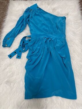 Hunter Dixon Silk Glam Uptown Chic One-Shoulder Turquoise Blue Cocktail Dress